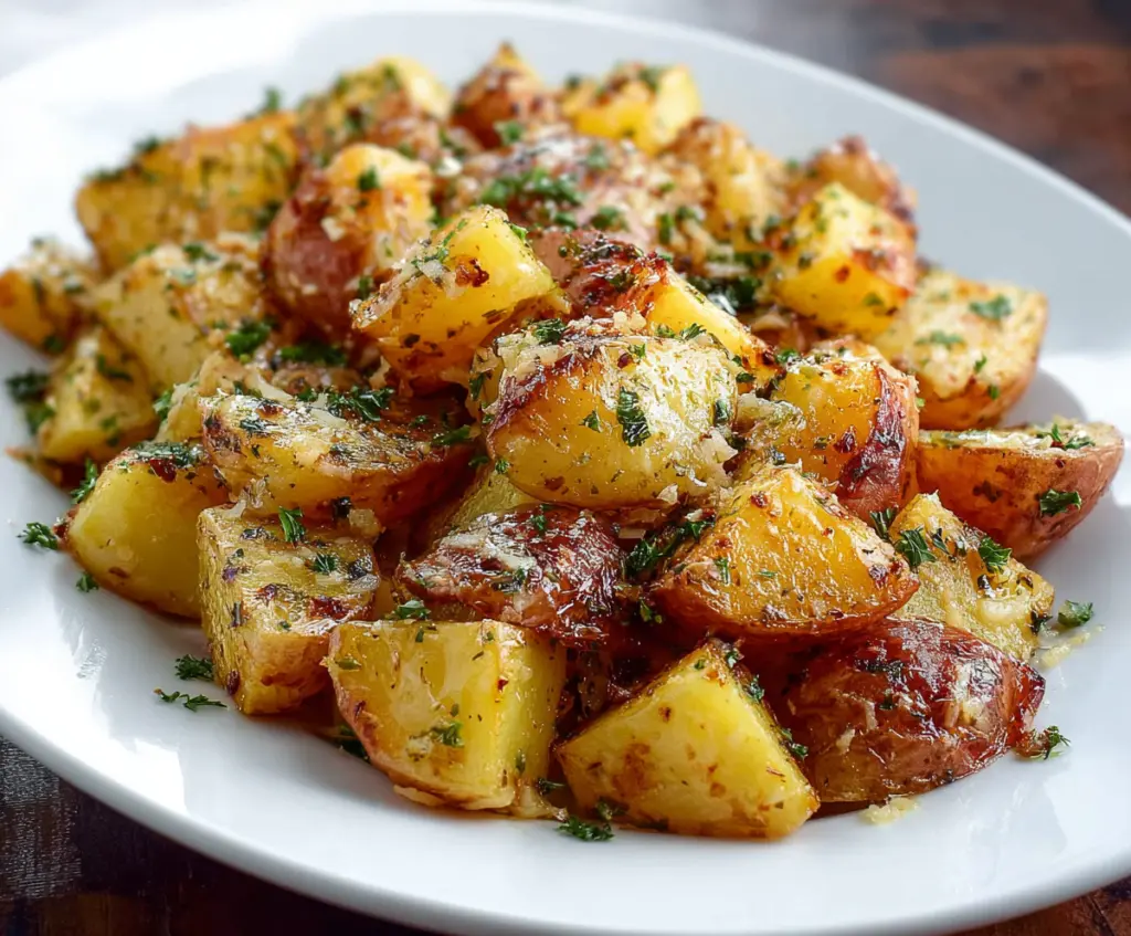 Baked Garlic Ranch Potatoes garnished with fresh herbs on a rustic plate.