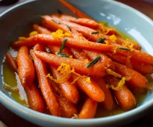 Delicious glazed carrots with orange and ginger on a white plate, garnished with fresh herbs.