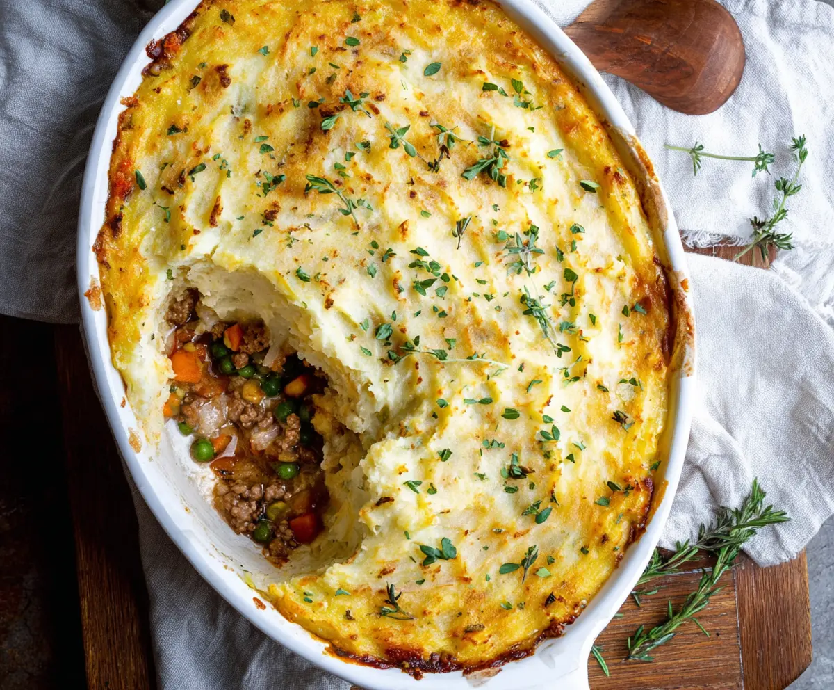 Delicious gluten-free shepherd's pie topped with mashed potatoes and fresh herbs