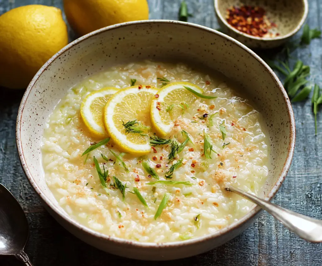 Delicious Greek Lemon Rice Soup in a bowl with fresh herbs and lemon slices
