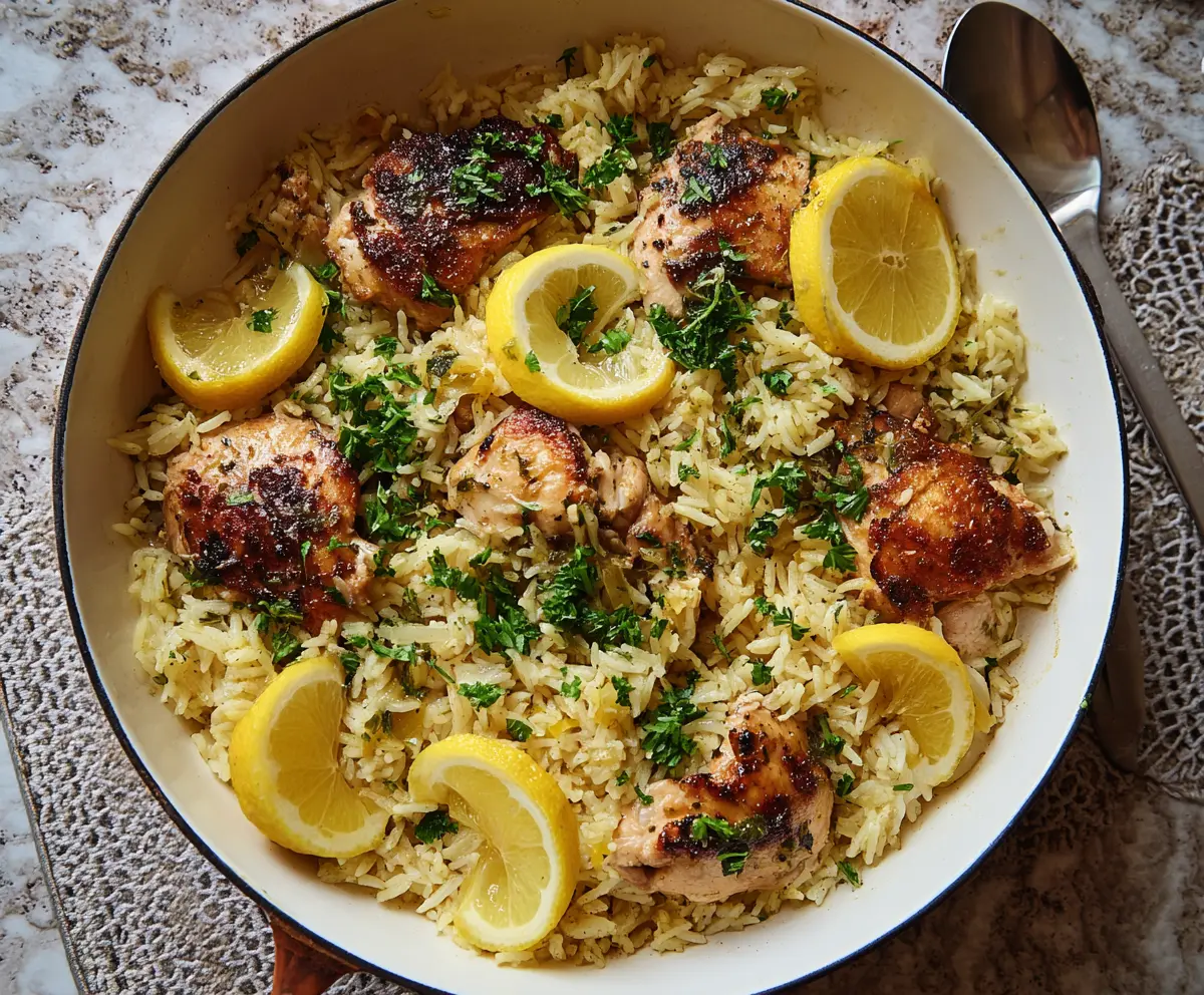 Delicious Greek Lemon Rice with Tender Chicken, garnished with fresh herbs for a flavorful meal