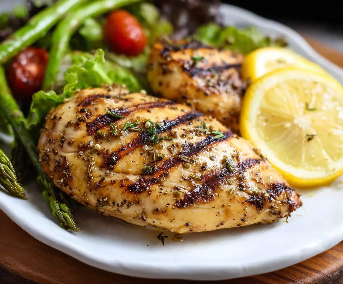 Juicy grilled lemon pepper chicken breasts served on a plate with fresh herbs