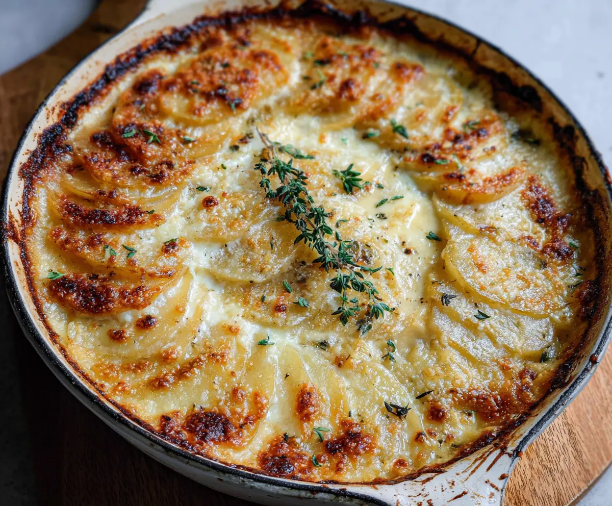 Creamy Gruyere Potato Gratin with golden melted cheese and crispy edges, perfect for comforting dinners.