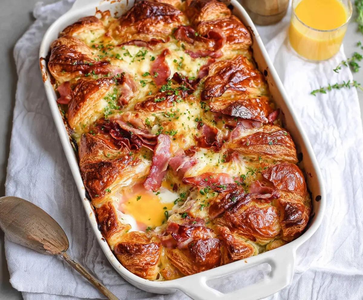 Delicious ham and cheese croissant brunch bake served hot with melted cheese and flaky croissants.