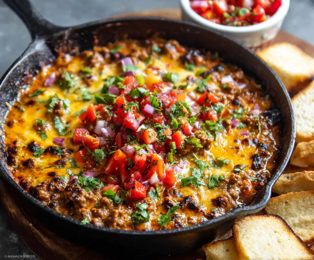 Delicious hamburger meat dip served with fresh vegetables and tortilla chips.