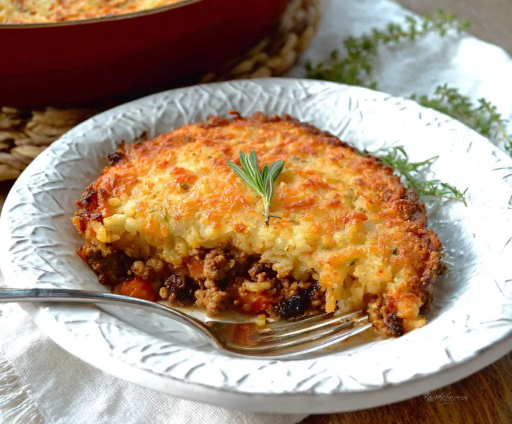 Delicious Hash Brown Shepherd's Pie with golden crispy topping and savory meat filling