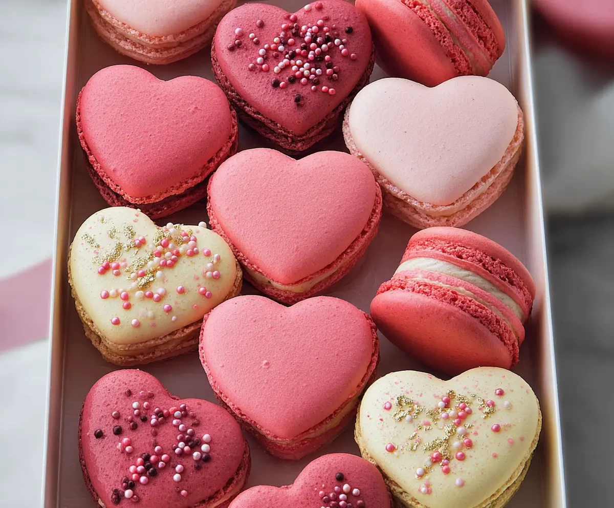 Delicious heart-shaped macarons with smooth pink shells for romantic desserts