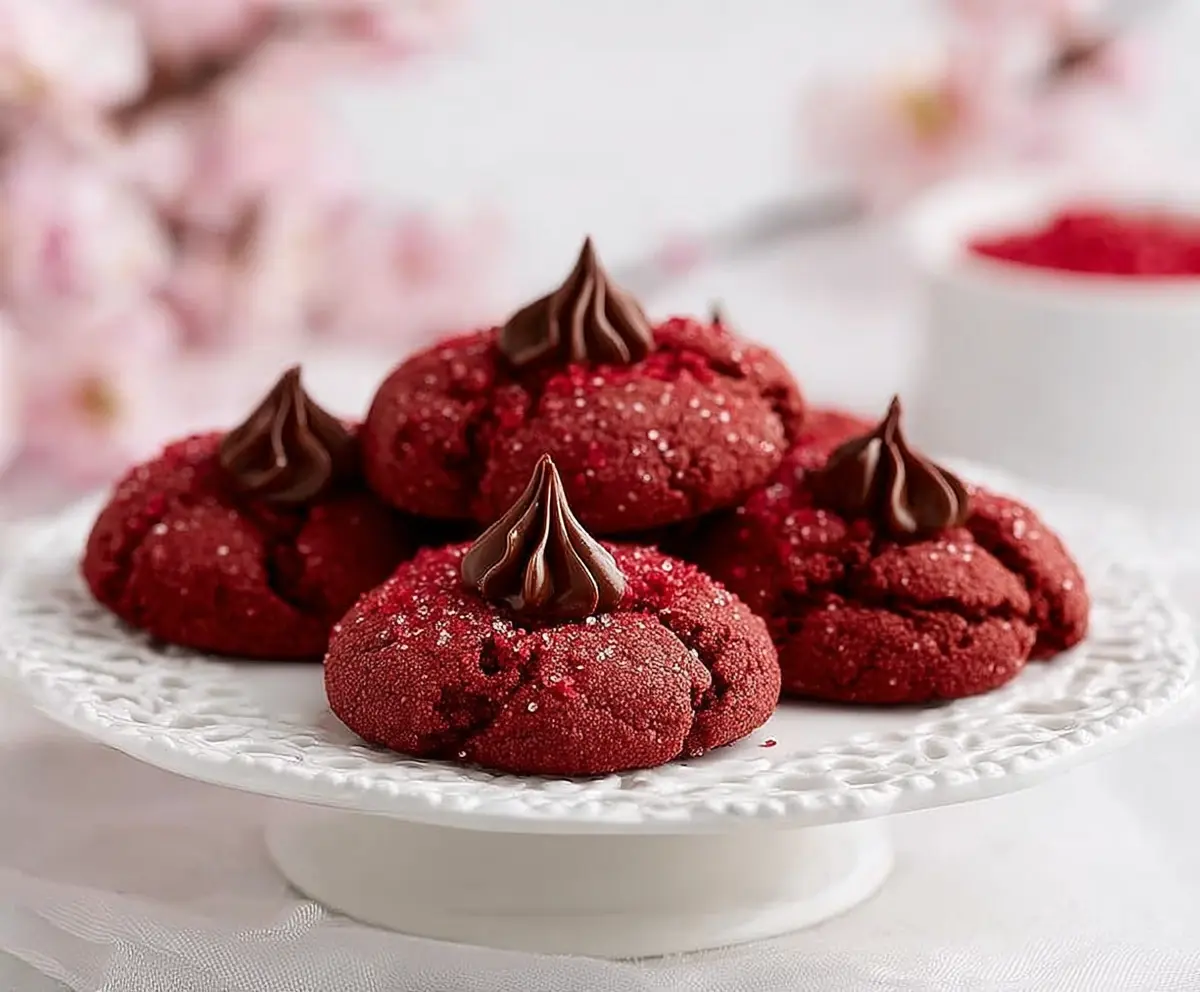 Delicious Hershey's Red Velvet Blossoms Cookies with Hershey's Kisses on top, perfect for chocolate lovers.