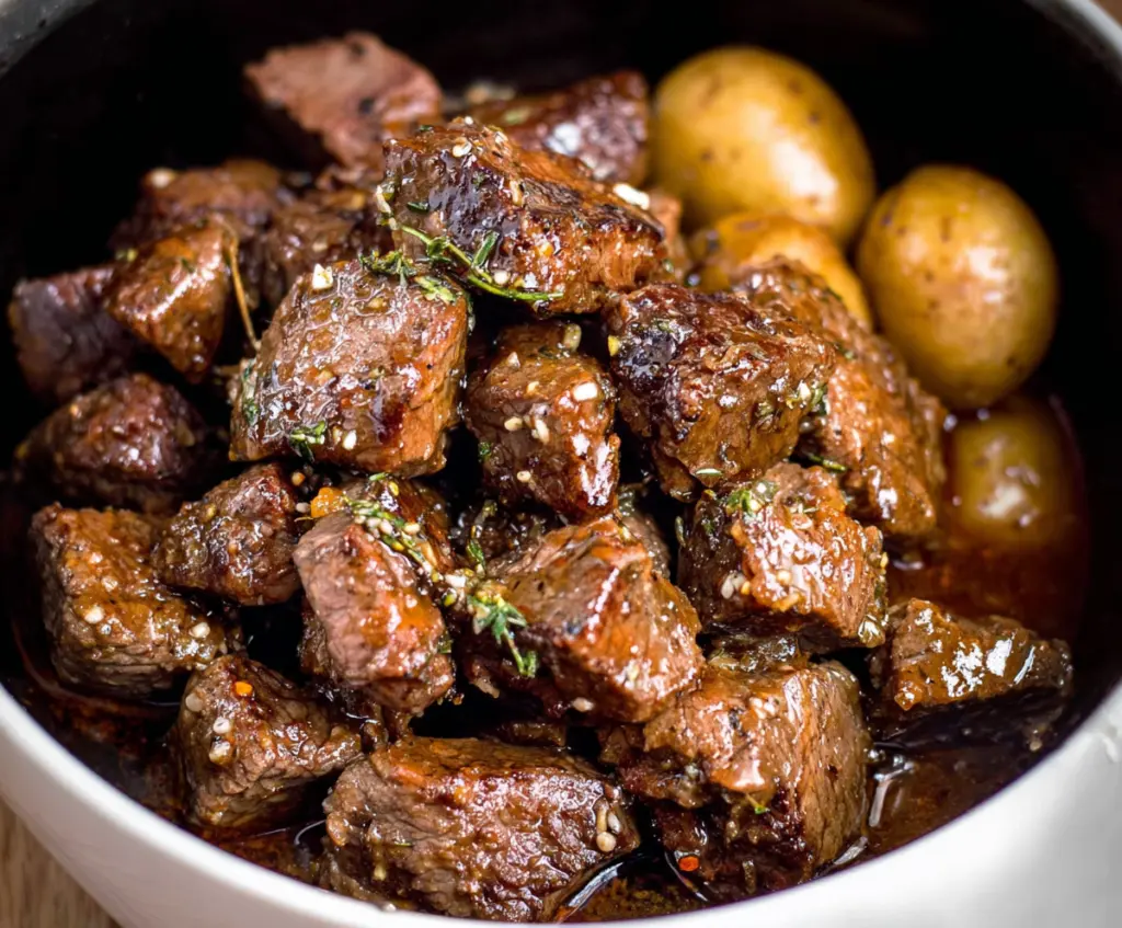 Delicious high protein garlic butter beef bites in a slow cooker, perfect for a hearty meal