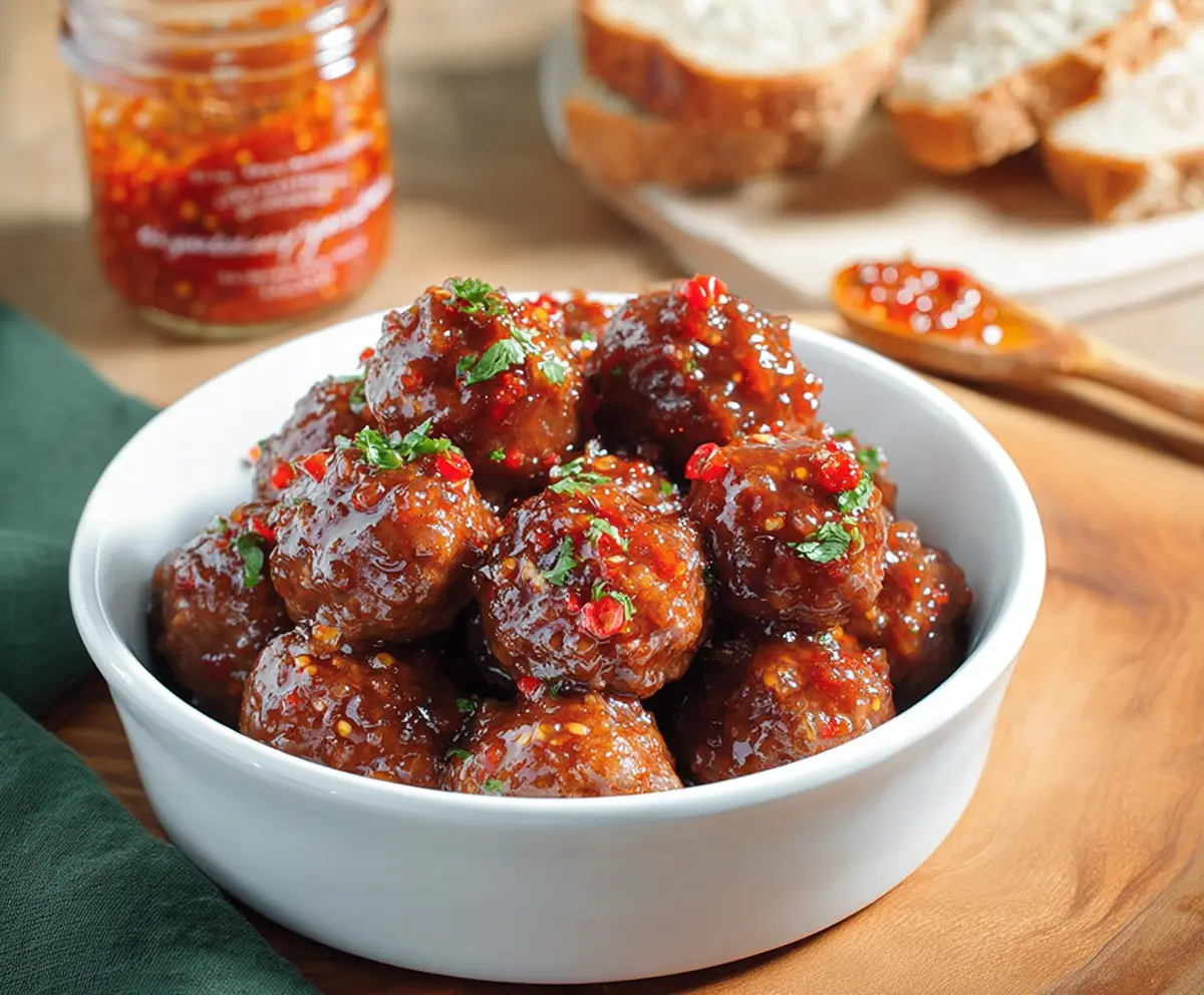 Spicy hot pepper jelly meatballs served on a platter for appetizer or snack.