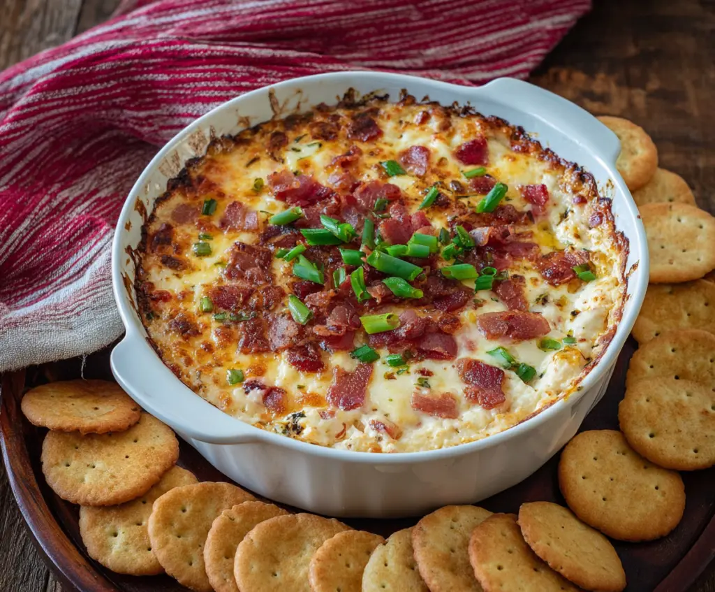 Creamy hot smoked Gouda bacon dip served with crunchy chips, perfect for parties and gatherings.