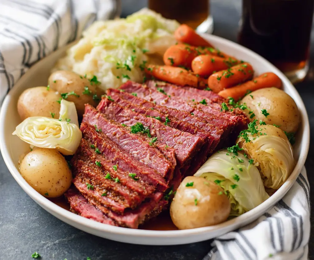 Delicious homemade Instant Pot corned beef and cabbage served on a plate with fresh vegetables