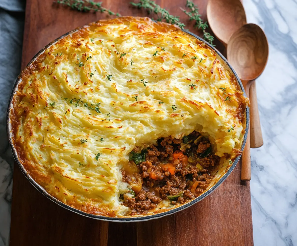 Delicious Irish Cottage Pie with mashed potatoes and savory meat filling served on a rustic plate.