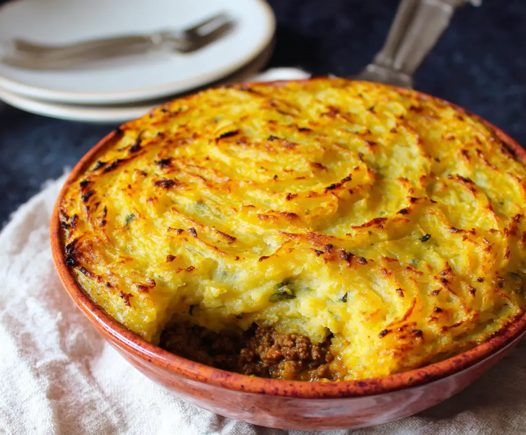 Delicious Irish Shepherd's Pie topped with golden mashed potatoes and savory beef filling.