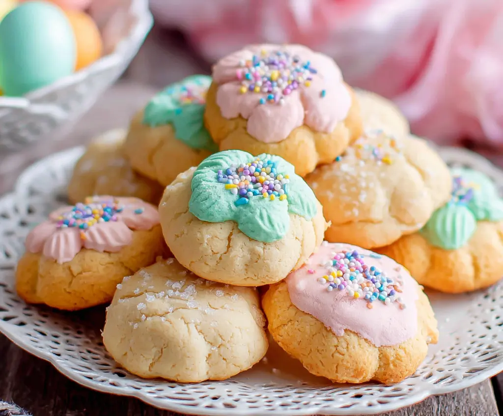 Delicious Italian Easter Cookies with colorful sprinkles and festive decorations on a plate