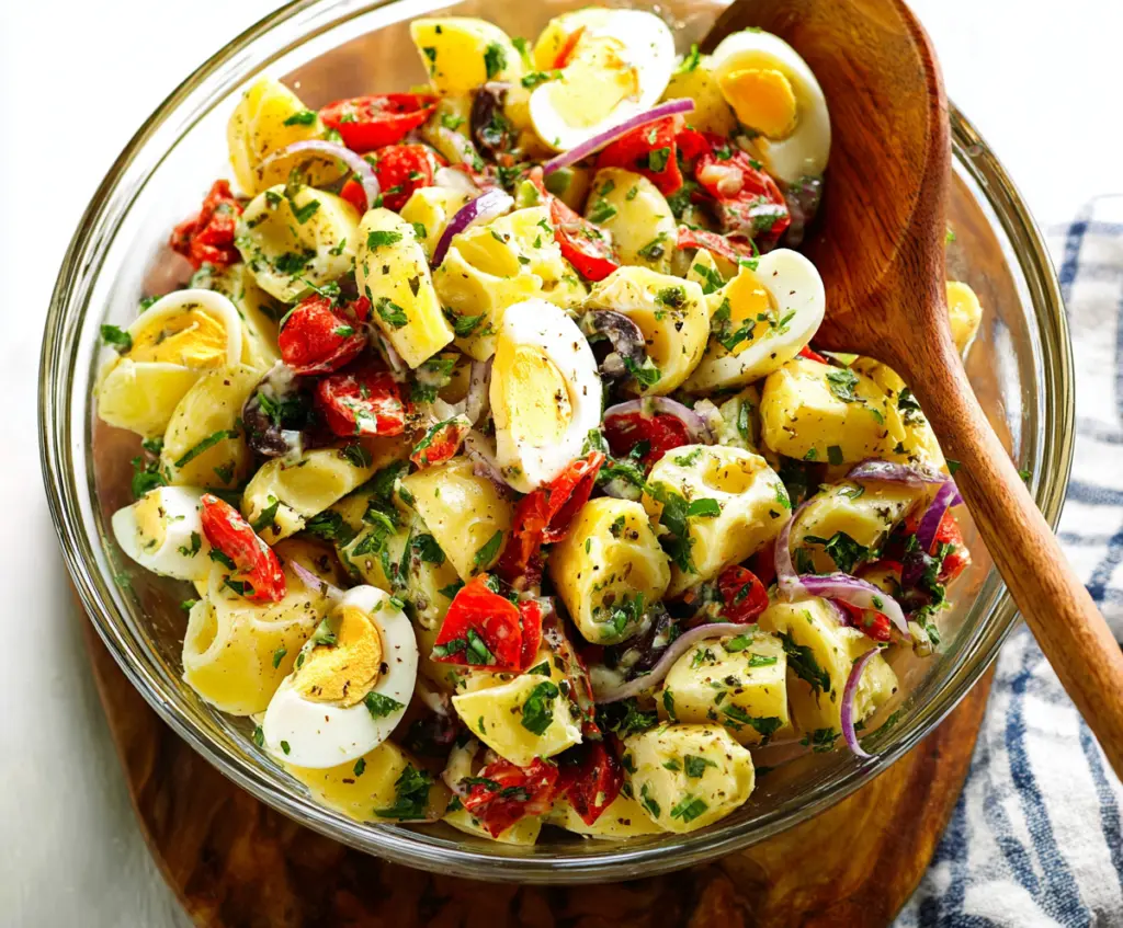 Italian Easter Potato Salad served in a festive bowl with herbs and colorful ingredients.