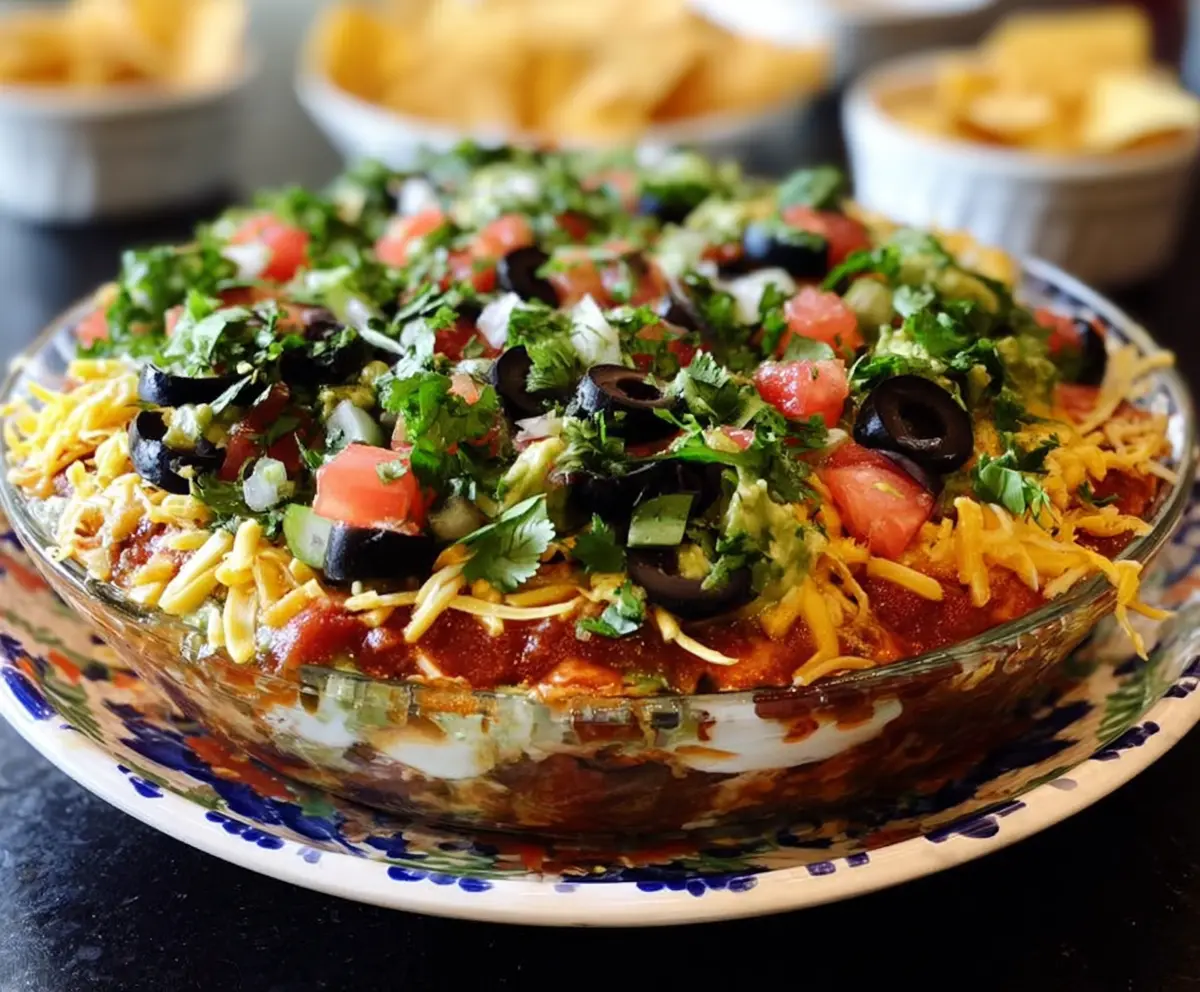 Delicious layered Tex-Mex dip with vibrant ingredients like cheese, guacamole, salsa, and sour cream in a clear glass dish.