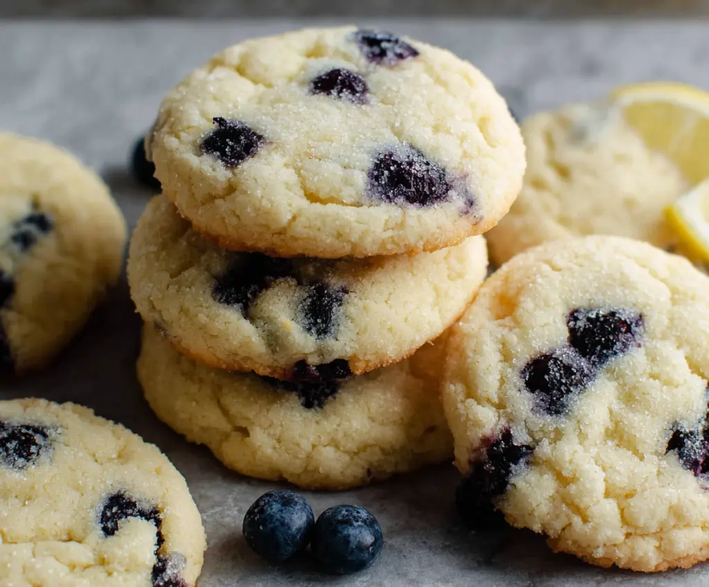 Freshly baked lemon blueberry cookies on a white plate, highlighting their golden edges and vibrant blueberries.