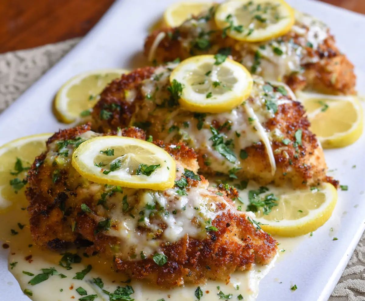 Succulent Lemon Chicken Romano dish garnished with fresh herbs on a white plate.