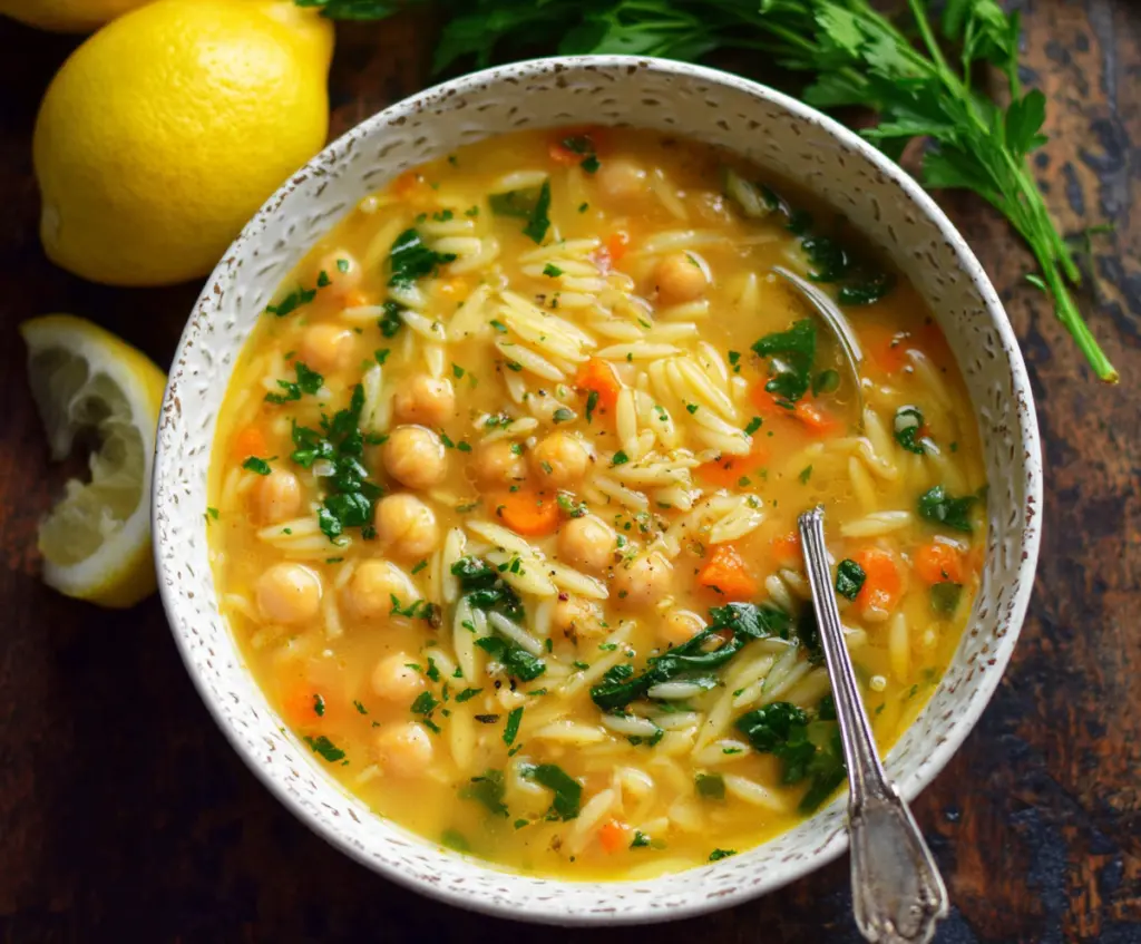 Warm Lemon Chickpea Orzo Soup served in a bowl with fresh herbs, perfect for a light and flavorful meal.
