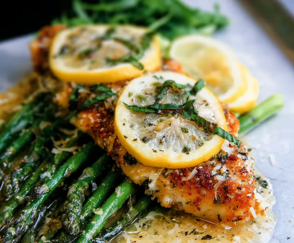 Succulent Lemon Parmesan Chicken served with fresh asparagus, perfect for a healthy meal.