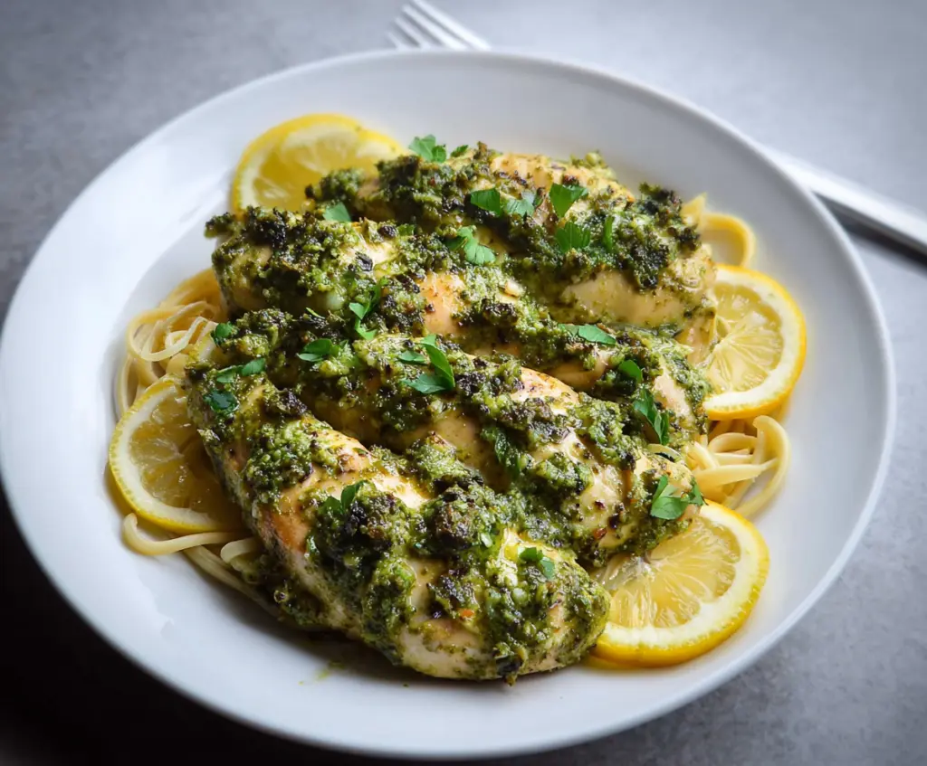 Juicy lemon pesto chicken breast served with fresh herbs and lemon slices on a white plate.