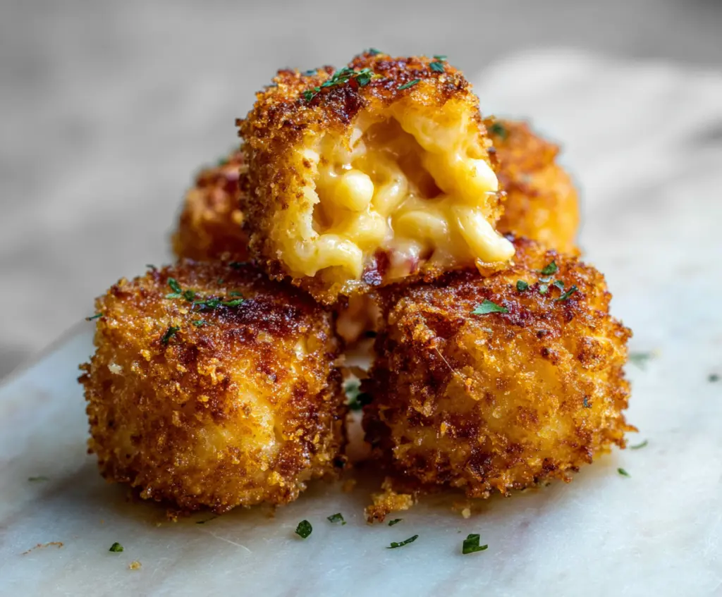 Savory macaroni and cheese bites served on a plate, perfect for snacks and parties