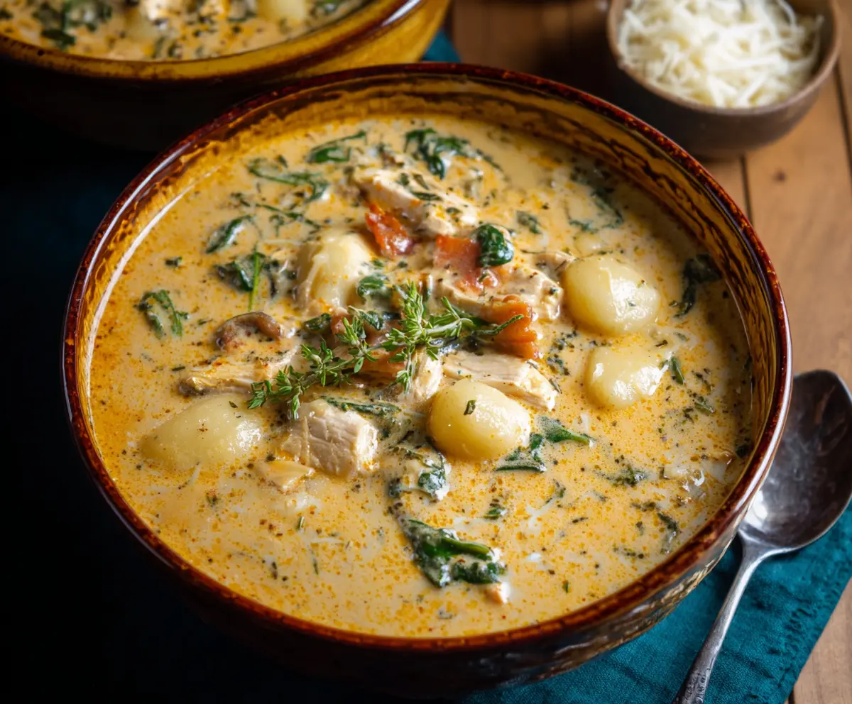 Delicious Marry Me Tuscan Chicken Gnocchi Soup served in a bowl with fresh herbs
