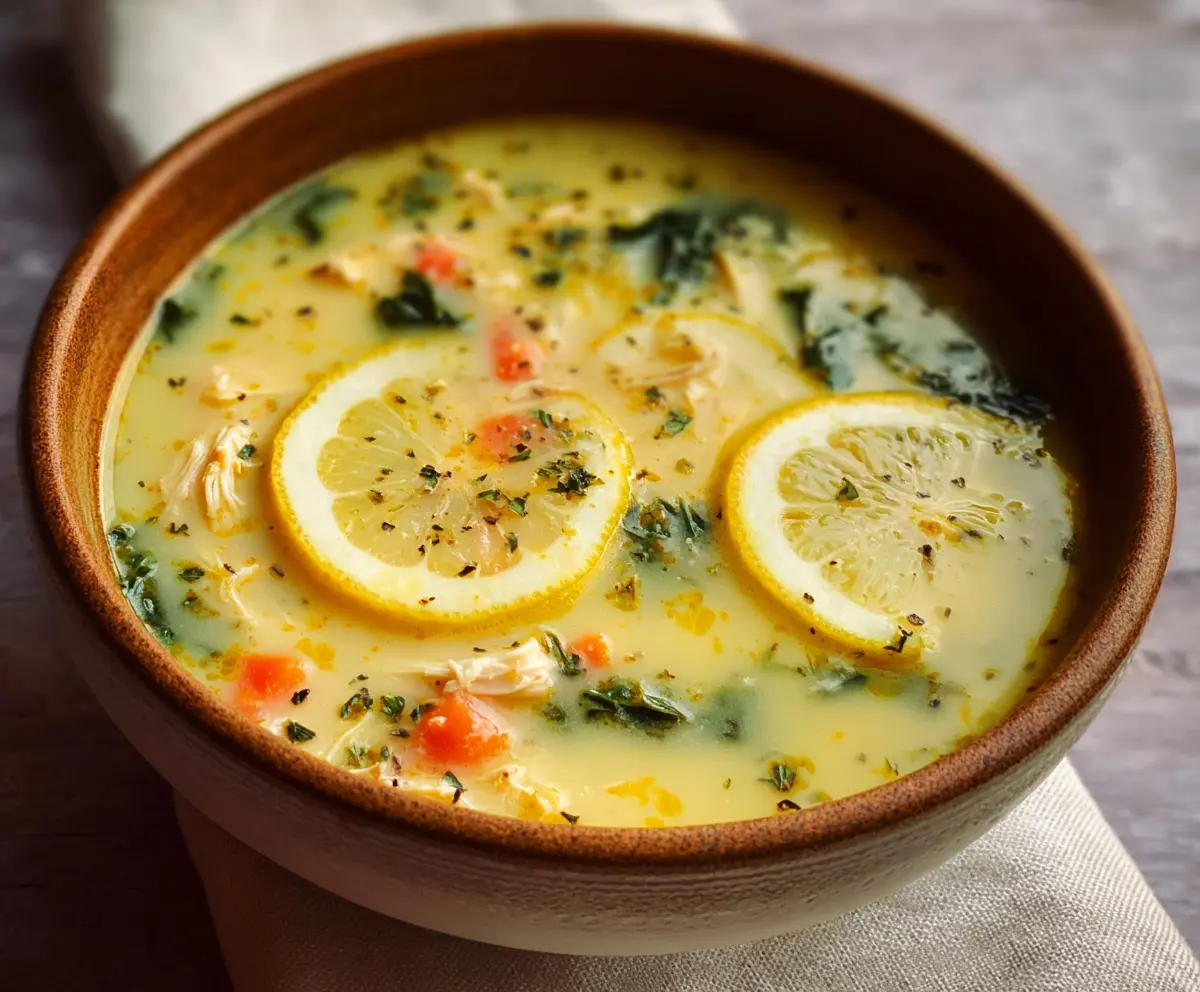 Hearty Mediterranean Lemon Chicken Soup with fresh herbs and vegetables in a bowl.