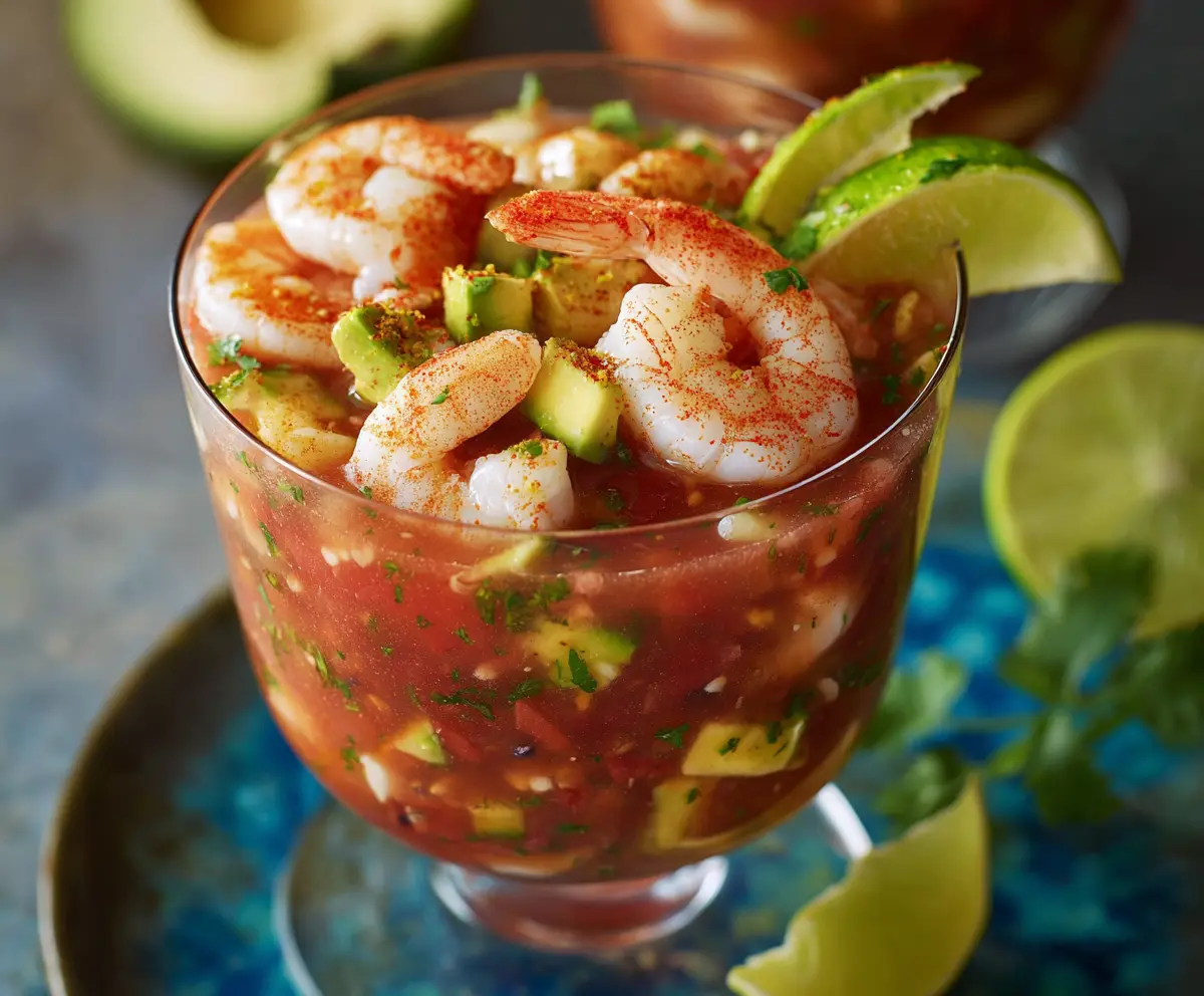 Refreshing Mexican Shrimp Cocktail with chopped vegetables and zesty sauce served in a glass bowl.
