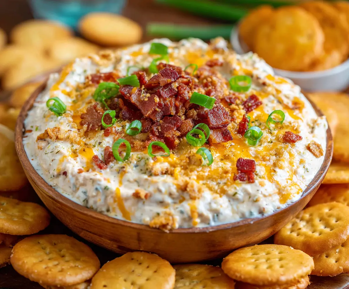 Creamy Million Dollar Crack Dip with cheese, bacon, and green onions in a bowl.