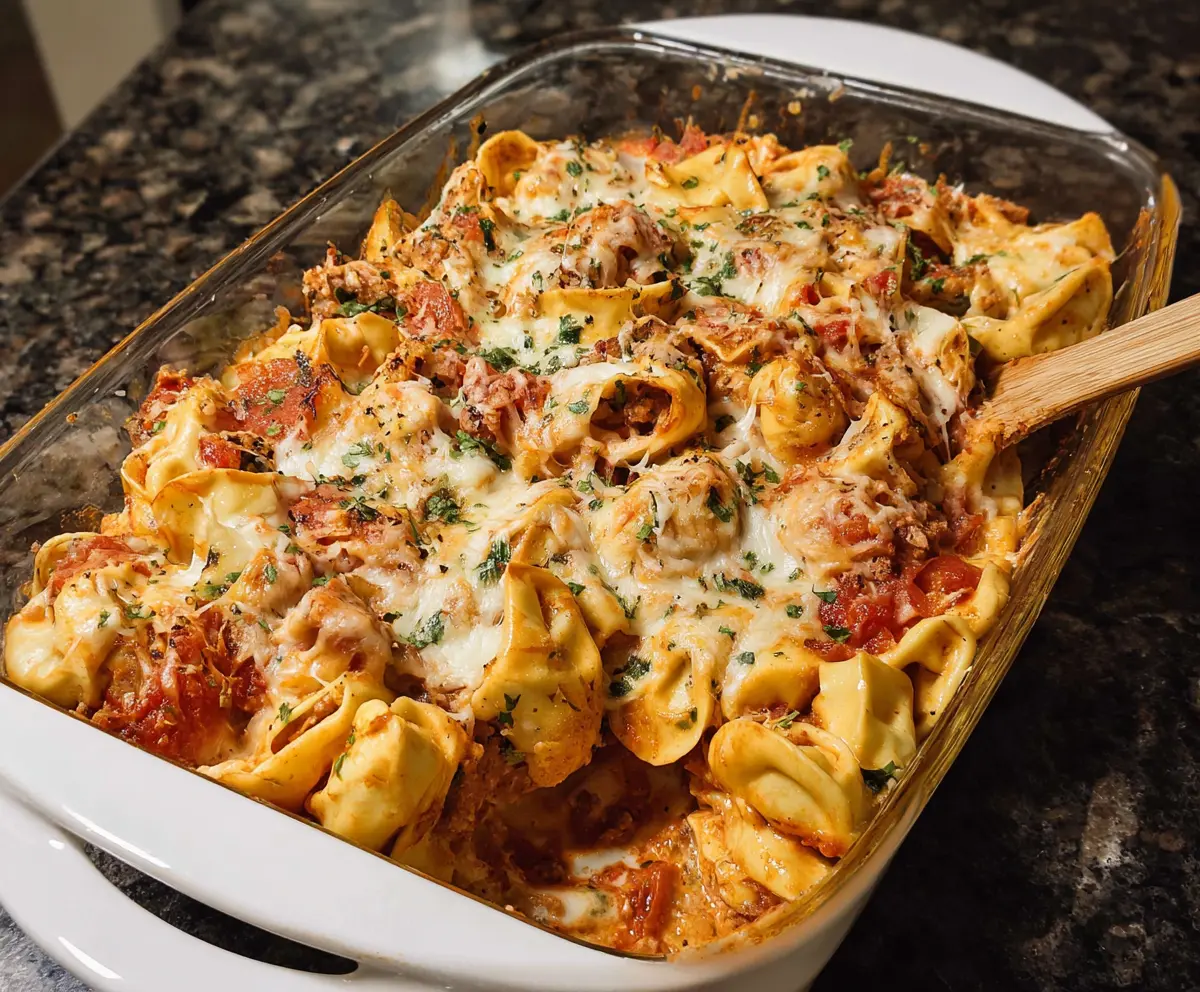 Delicious Million Dollar Tortellini Casserole with melted cheese and fresh herbs on top.