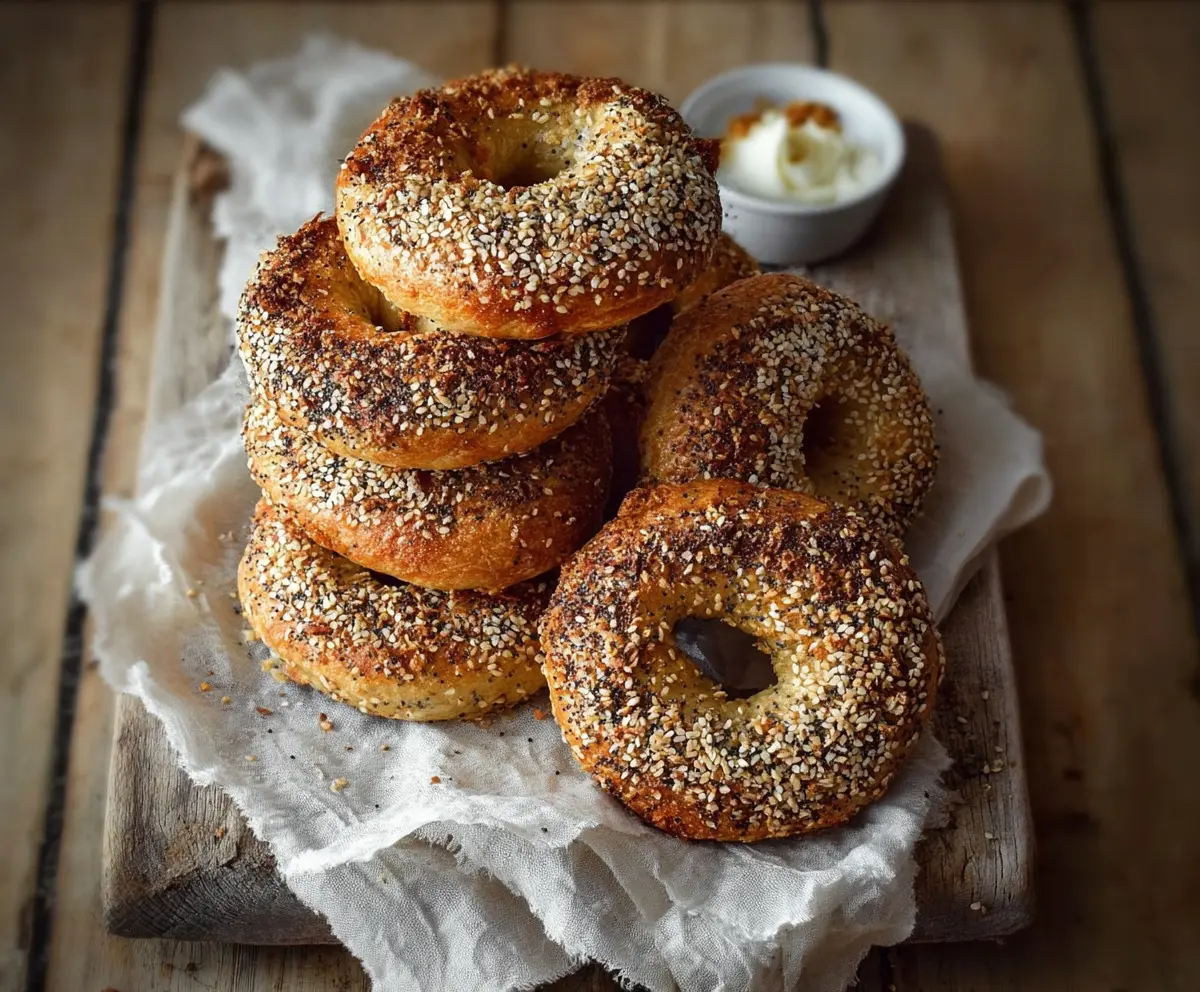Golden crust Montreal style bagels with a shiny finish and sesame seeds on top.