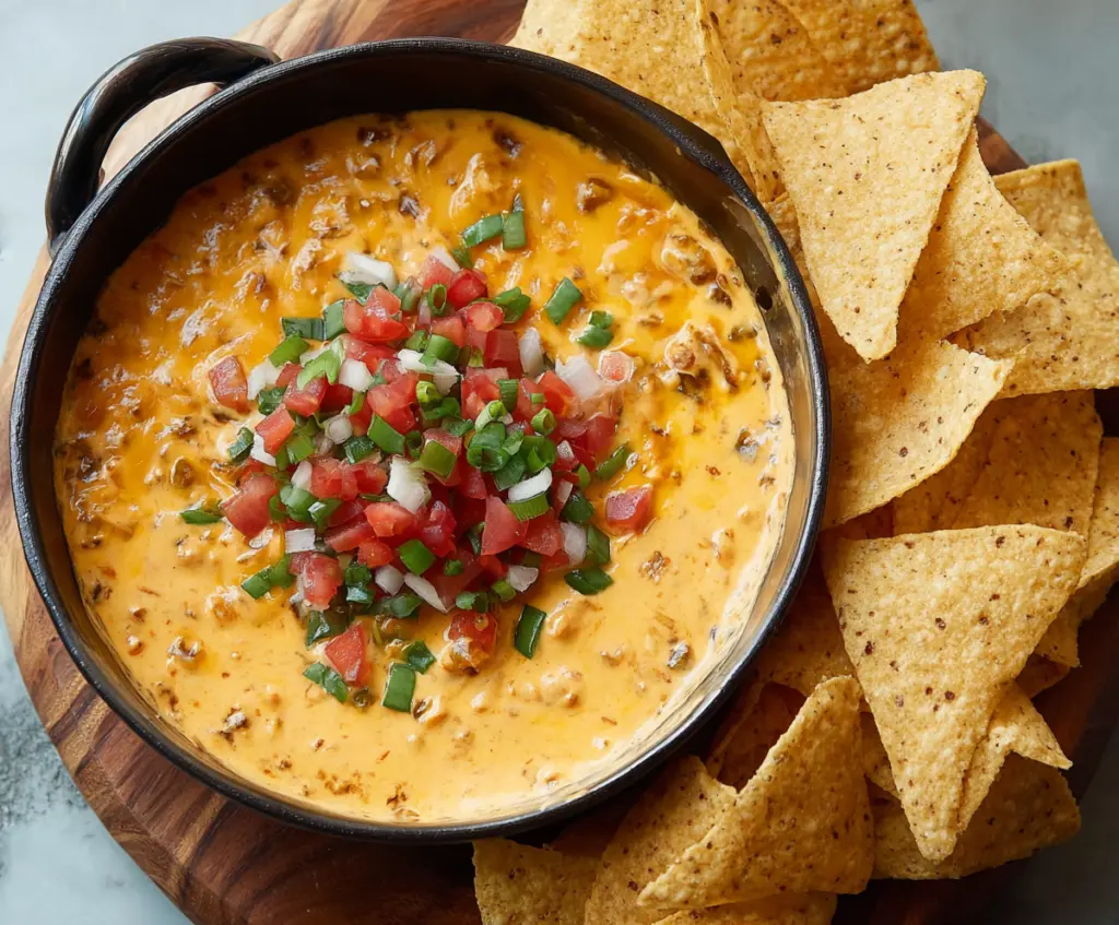 Creamy nacho dip topped with melted cheese, jalapenos, and fresh cilantro.