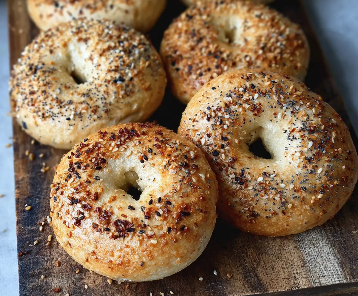 Close-up of homemade no yeast sourdough discard bagels on a baking tray, showcasing golden crust and chewy texture.