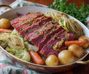 Oven roasted corned beef next to cooked cabbage on a baking tray, ready to serve