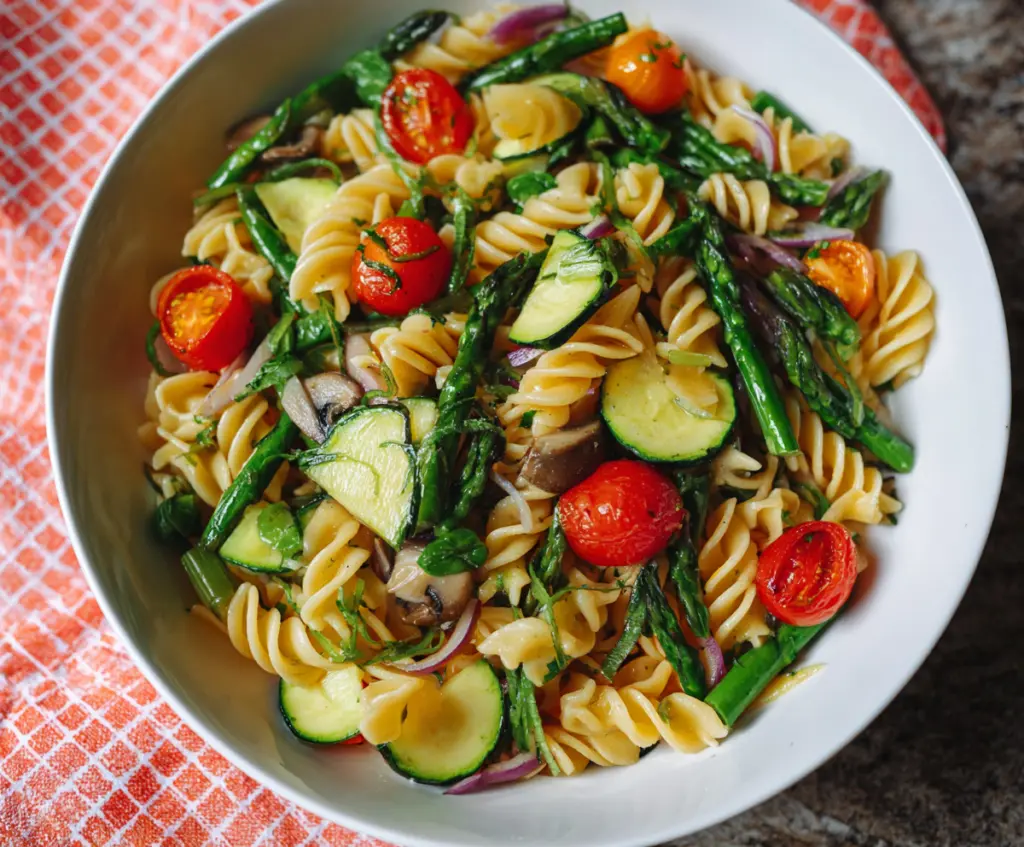 Colorful Pasta Primavera with fresh vegetables and herbs on a white plate.
