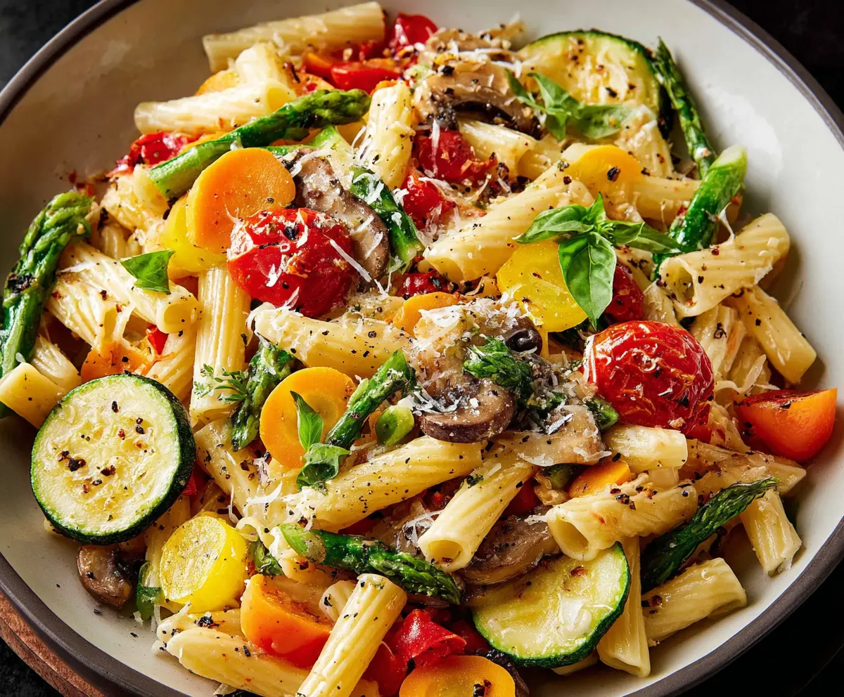 Colorful Pasta Primavera with fresh vegetables, herbs, and parmesan cheese on a white plate.