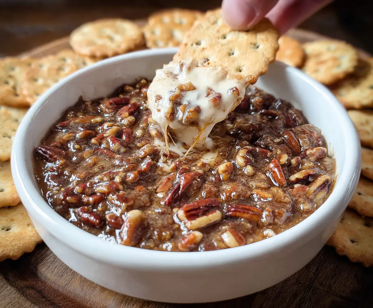 Creamy Pecan Pie Dip in a decorative bowl with pecans and caramel drizzle for a sweet dessert appetizer