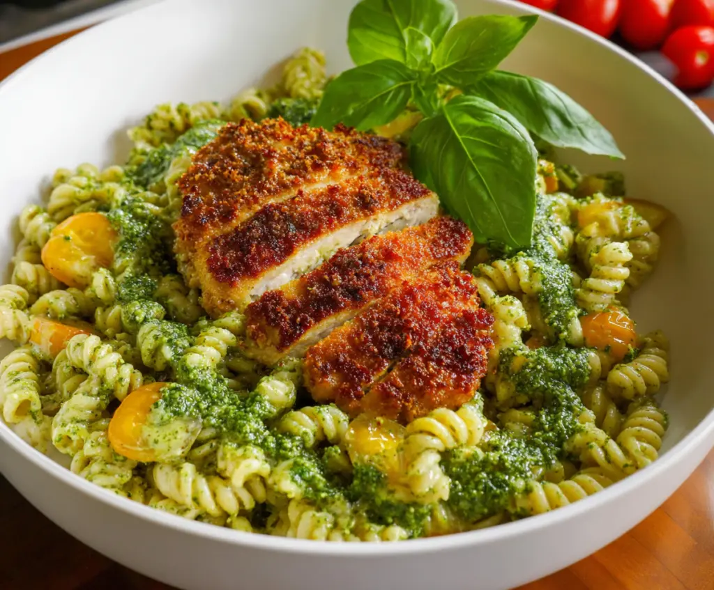 Delicious pesto pasta topped with crispy parmesan chicken slices on a white plate
