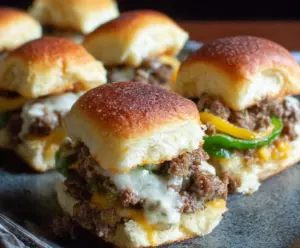 Delicious Philly Cheesesteak Sliders with Ground Beef on a serving platter