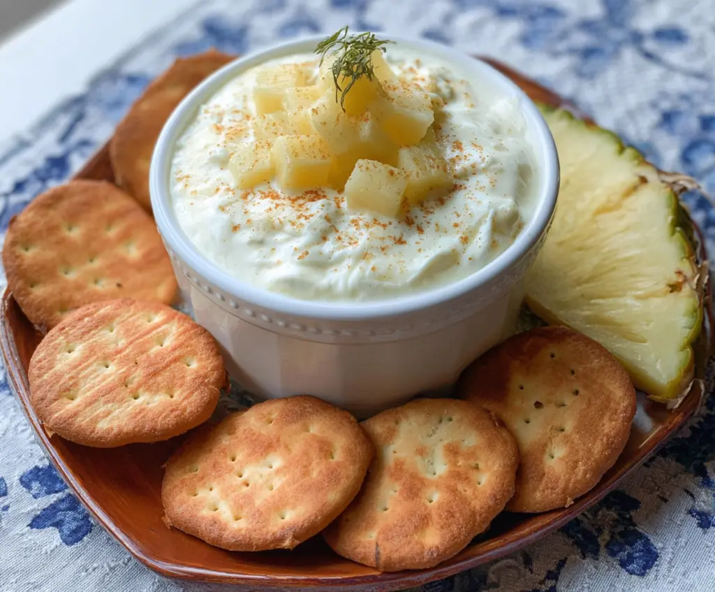 Delicious pineapple dip served with fresh fruit and crackers, perfect for snacks and parties.
