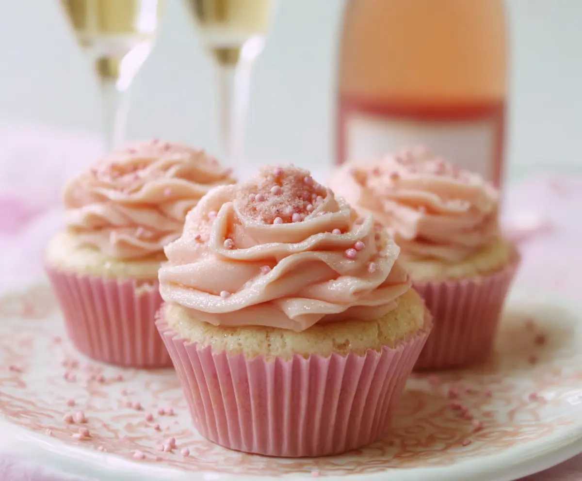 Delicious pink champagne cupcakes topped with elegant frosting for celebration