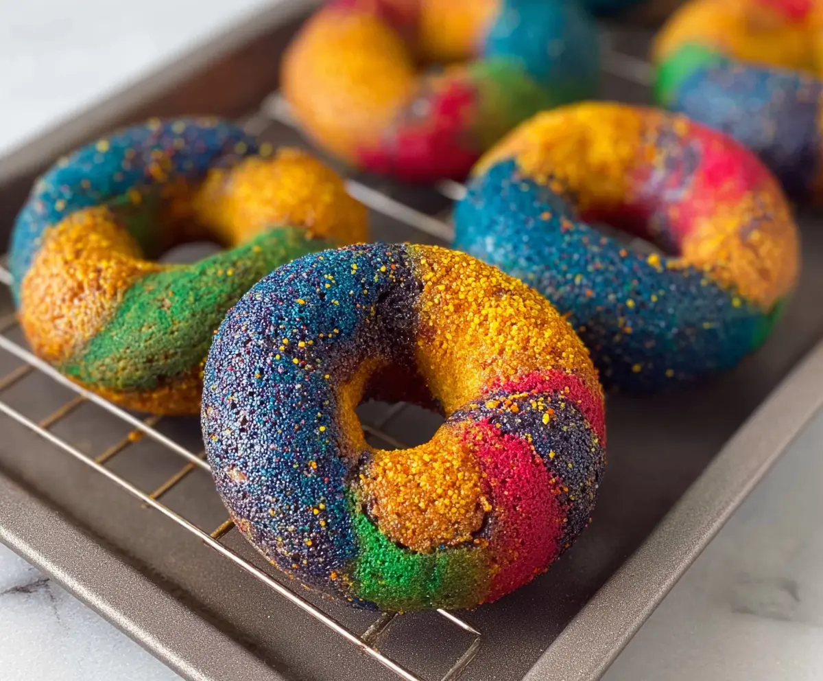 Colorful rainbow bagels with vibrant icing and bright sprinkles