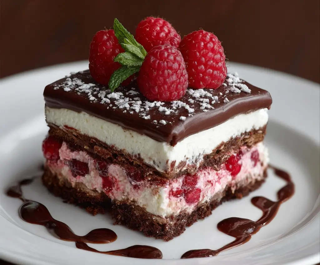 Delicious Raspberry Chocolate Lasagna dessert with layers of fresh raspberries, rich chocolate, and creamy cheesecake on a white plate.