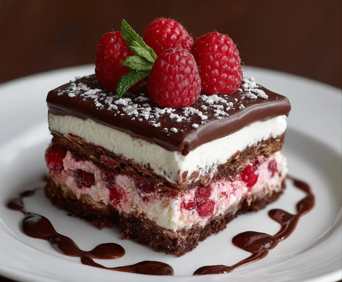 Delicious Raspberry Chocolate Lasagna dessert with layers of fresh raspberries, rich chocolate, and creamy cheesecake on a white plate.
