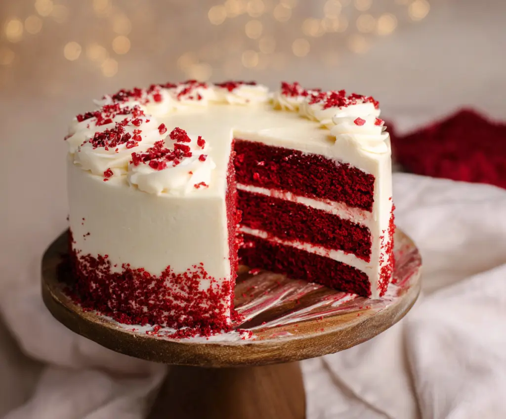 Delicious slices of moist red velvet cake with cream cheese frosting on a decorative plate.
