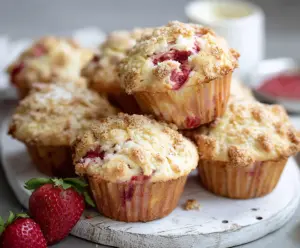 Homemade rhubarb strawberry muffins with fresh fruit topping on a baking tray