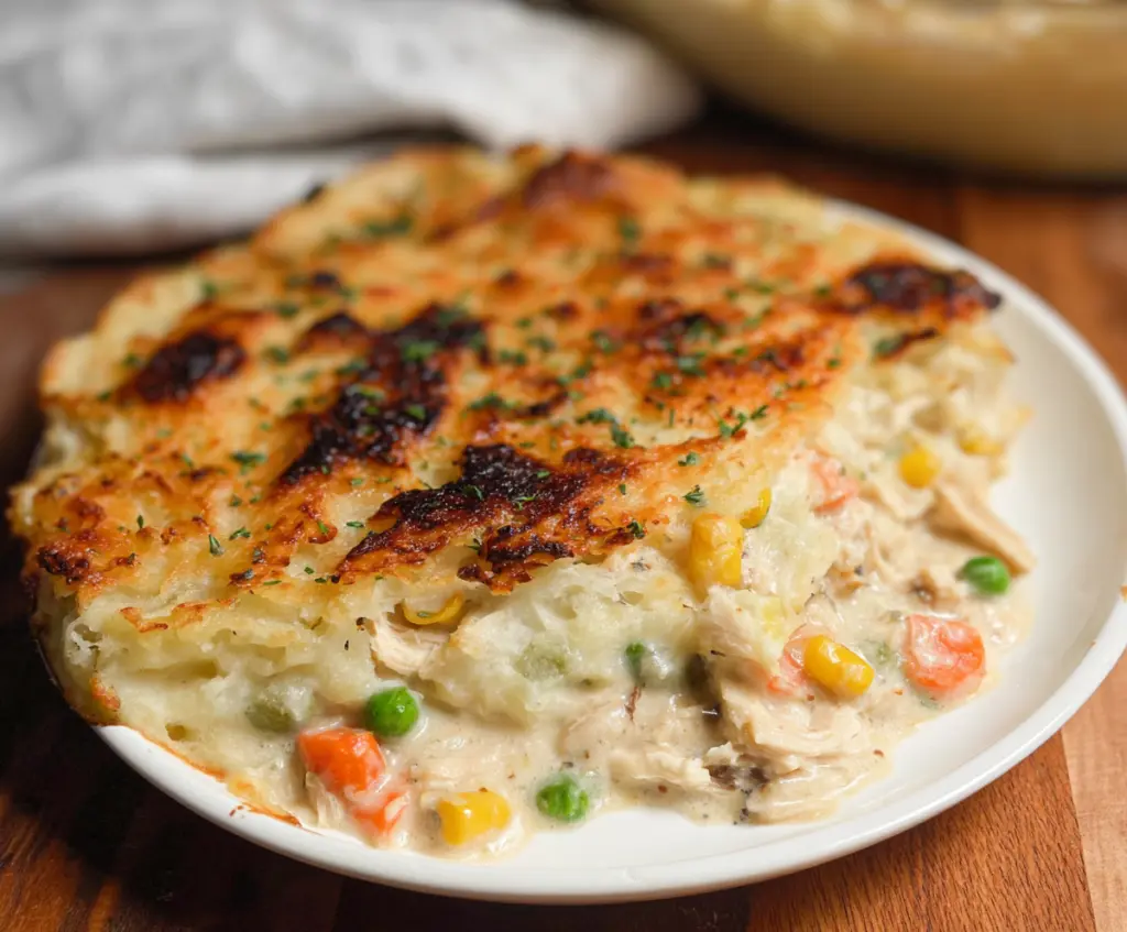 Delicious rotisserie chicken shepherd's pie topped with golden mashed potatoes and fresh herbs.