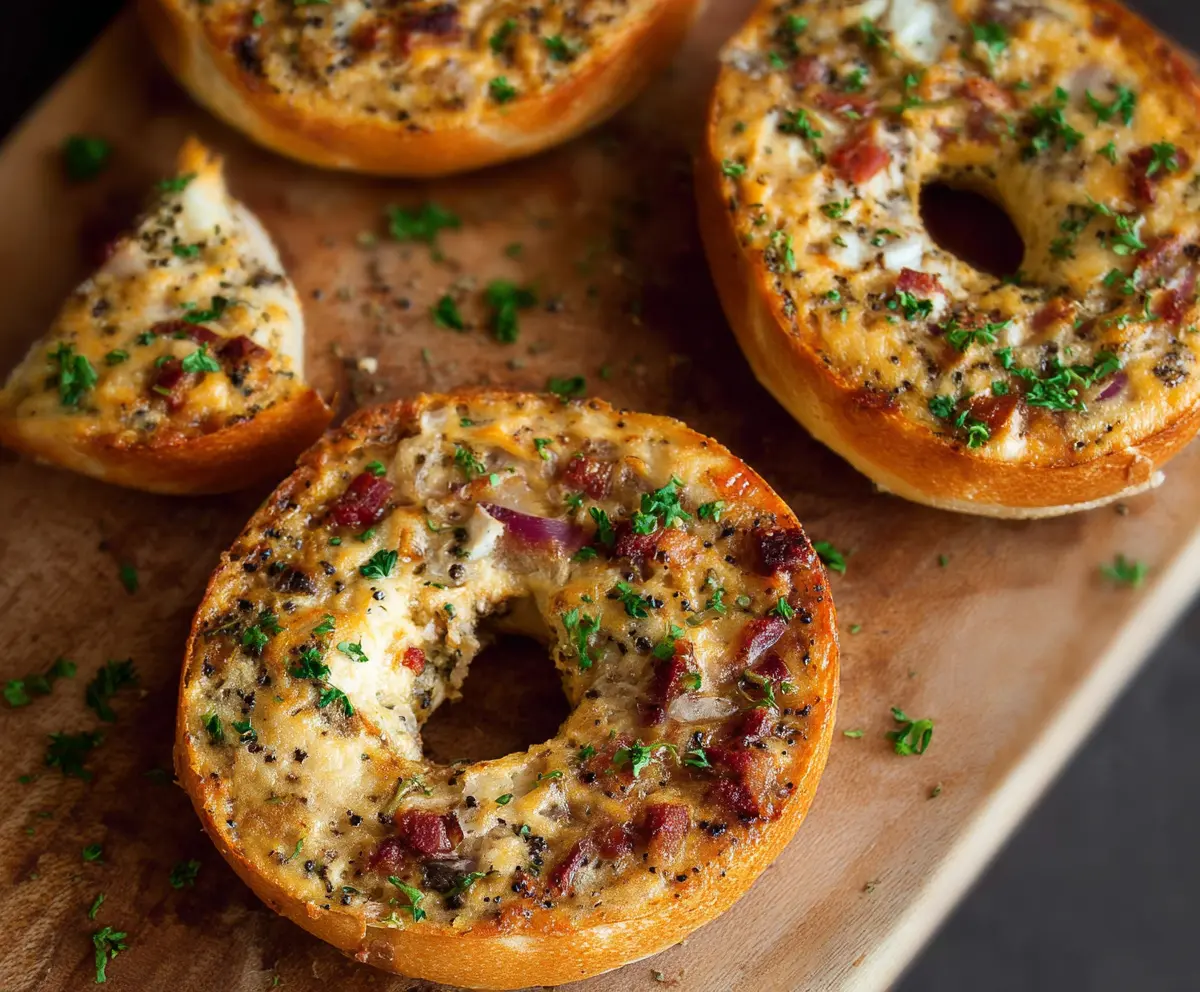 Delicious savory quiche stuffed bagels with cheesy filling, perfect for breakfast or brunch.